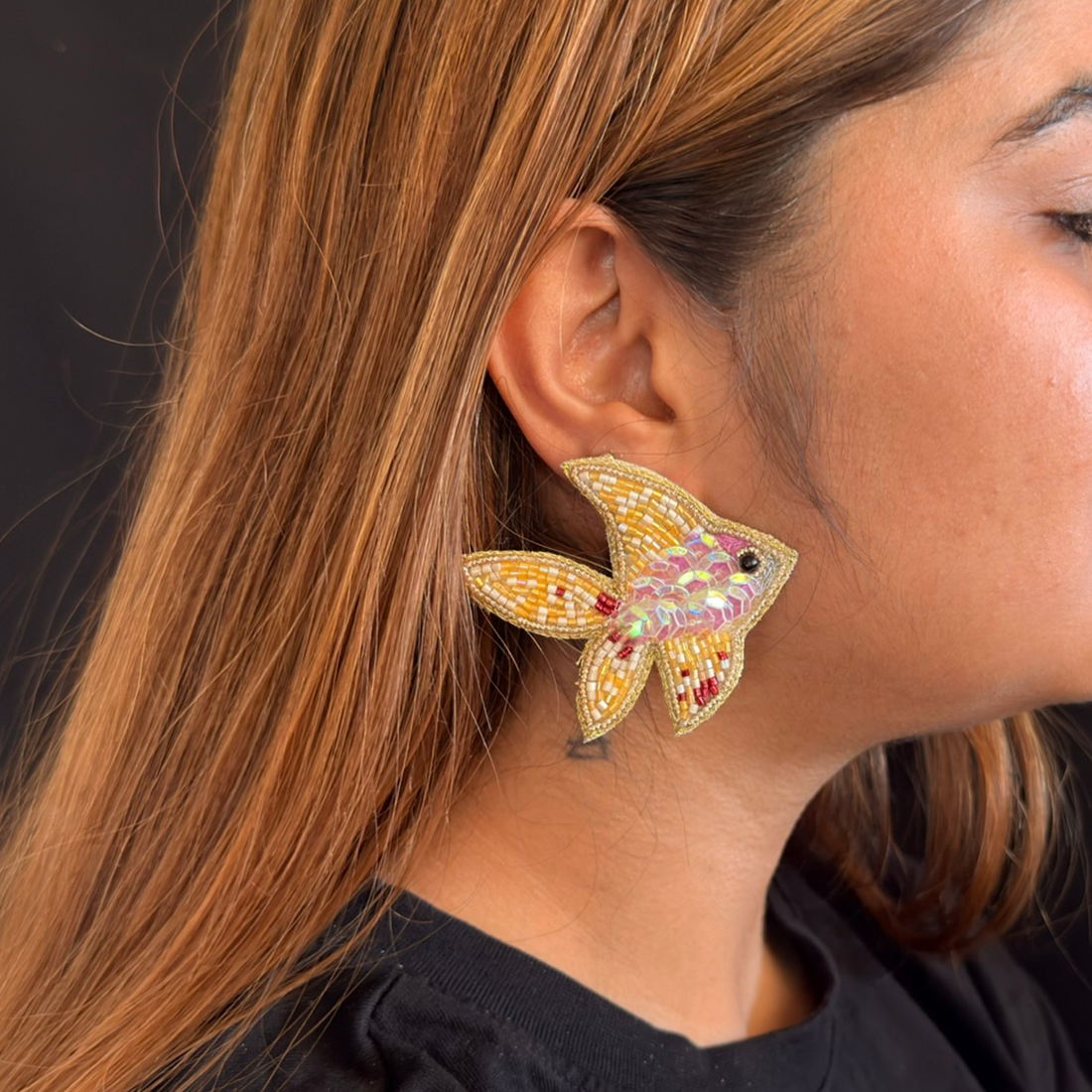 Golden Glimmers — Handmade Beaded Fish Statement Earrings