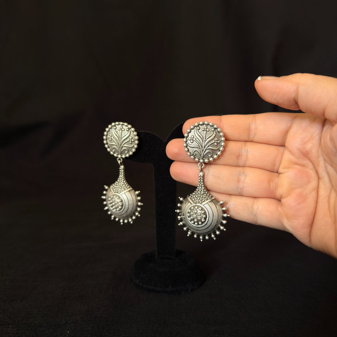 Oxidized brass floral drop earrings