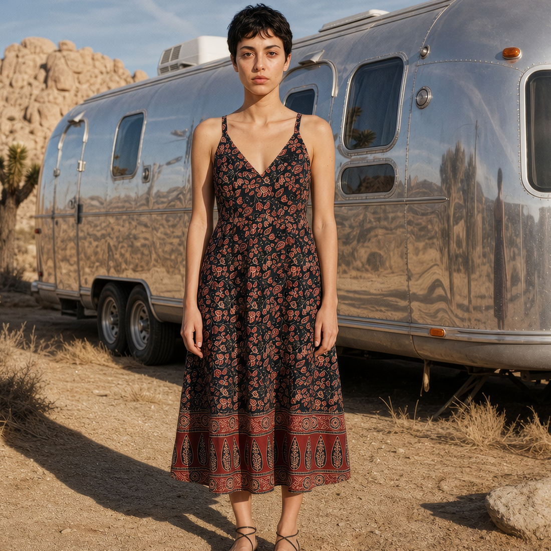 Black Floral Border Block Print Cotton Midi Dress