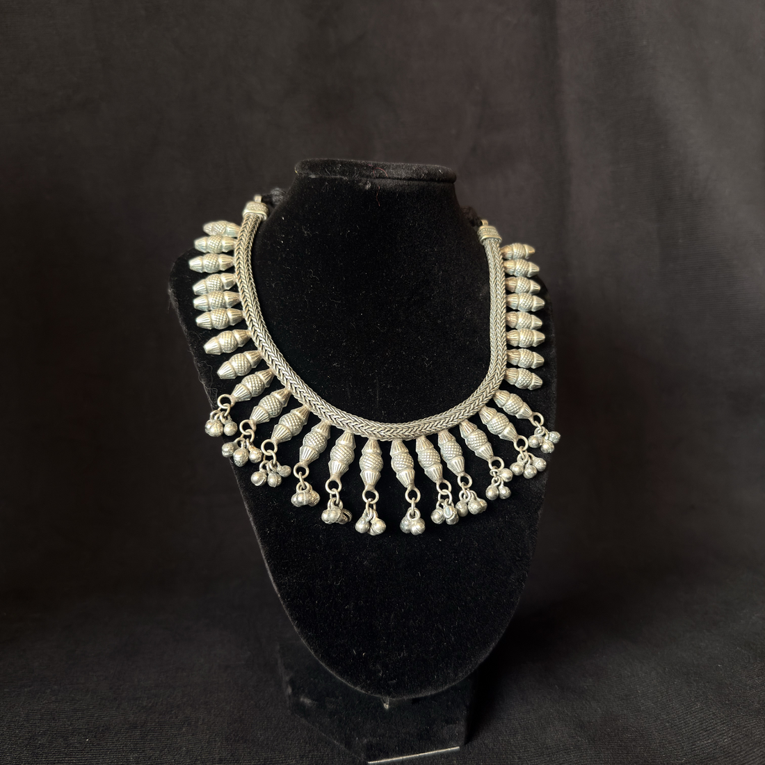 Oxidized brass urn-drop fringe collar necklace