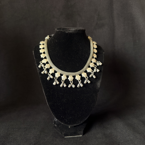 Oxidized brass geometric flower fringe necklace
