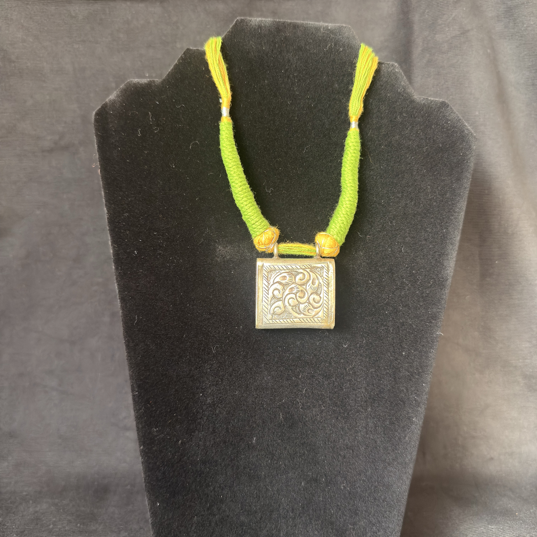 Square talisman oxidized brass pendant necklace with green thread