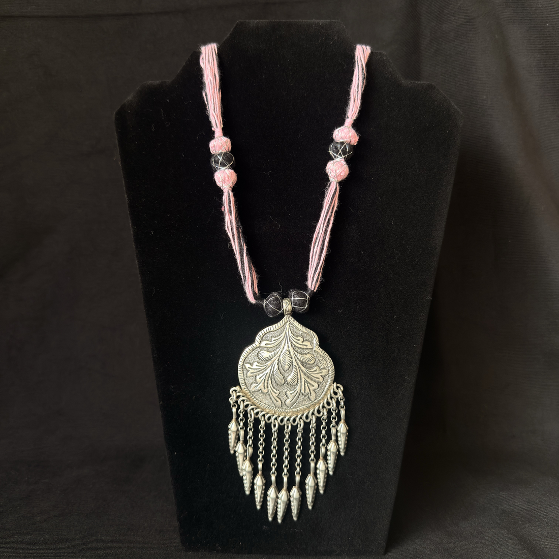 Botanical teardrop oxidized brass chain fringe necklace with pink and black thread