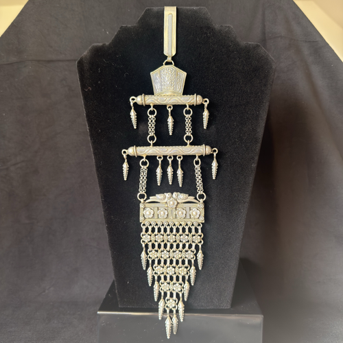Three-tier oxidized brass cascade statement necklace