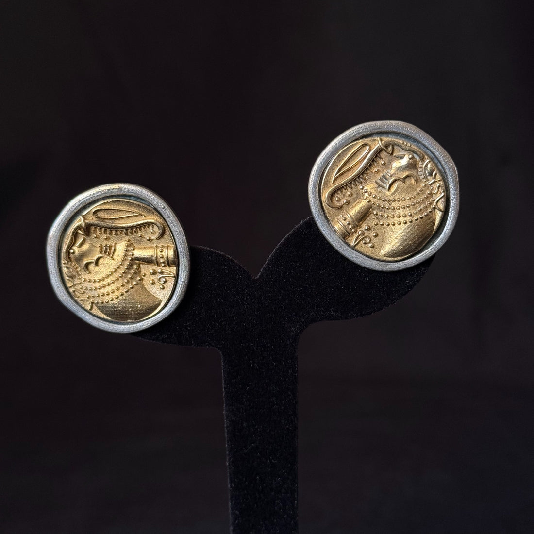 Two-tone brass profile medallion stud earrings