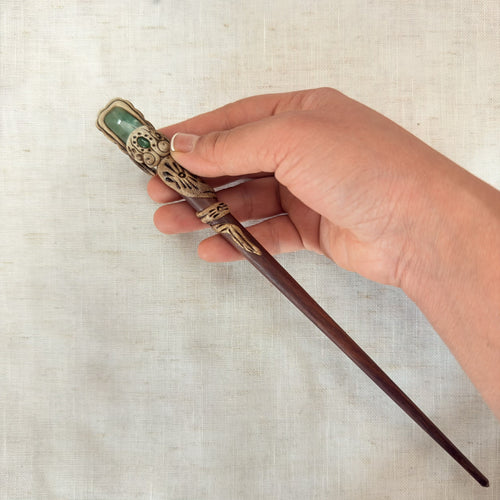 Handmade green stone hair stick detail