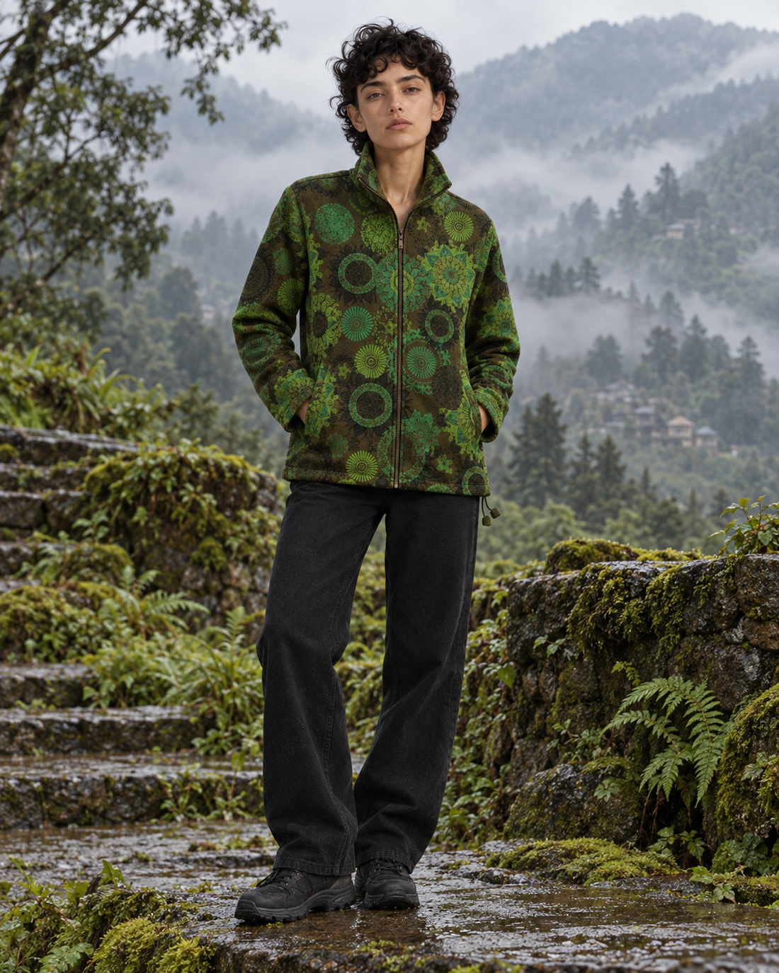 Green Mandala Print Zip-Up Jacket