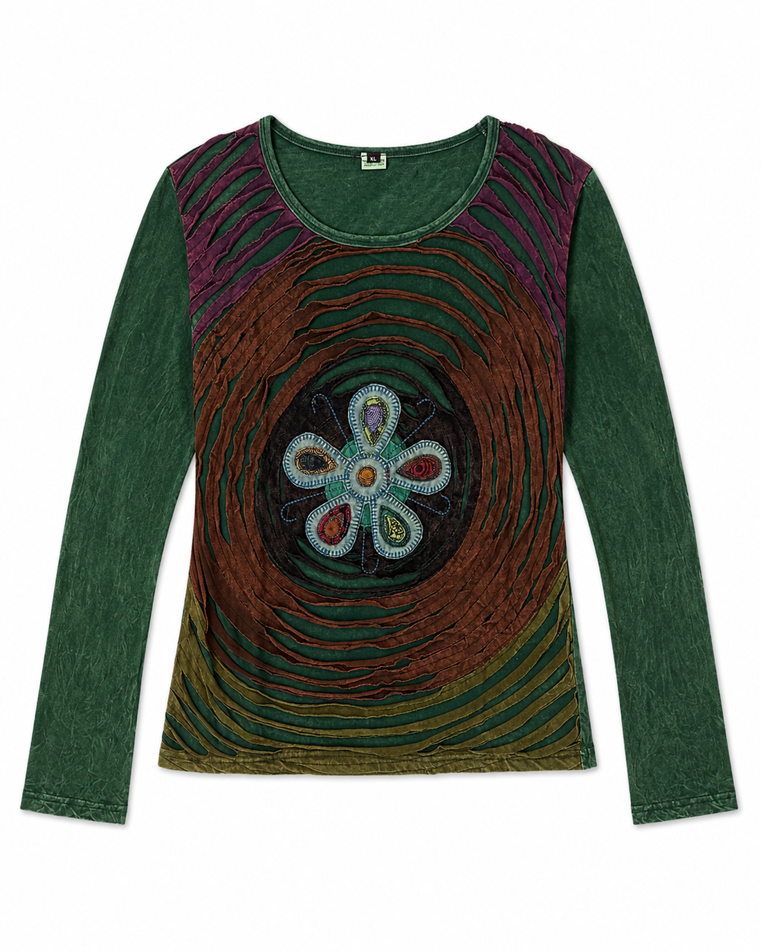 Green Layered Flower Cutwork Long Sleeve Top