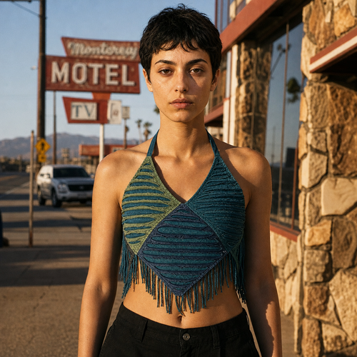 Teal Patchwork Cutout Cotton Halter Top