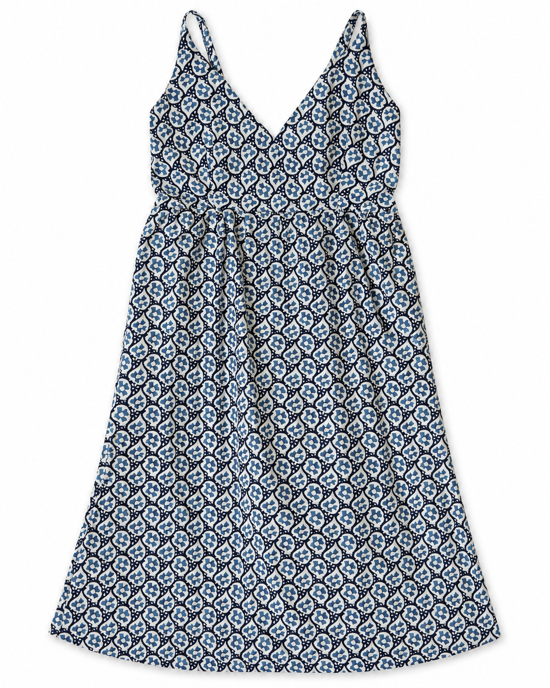 Blue Geometric Block Print Cotton Midi Dress