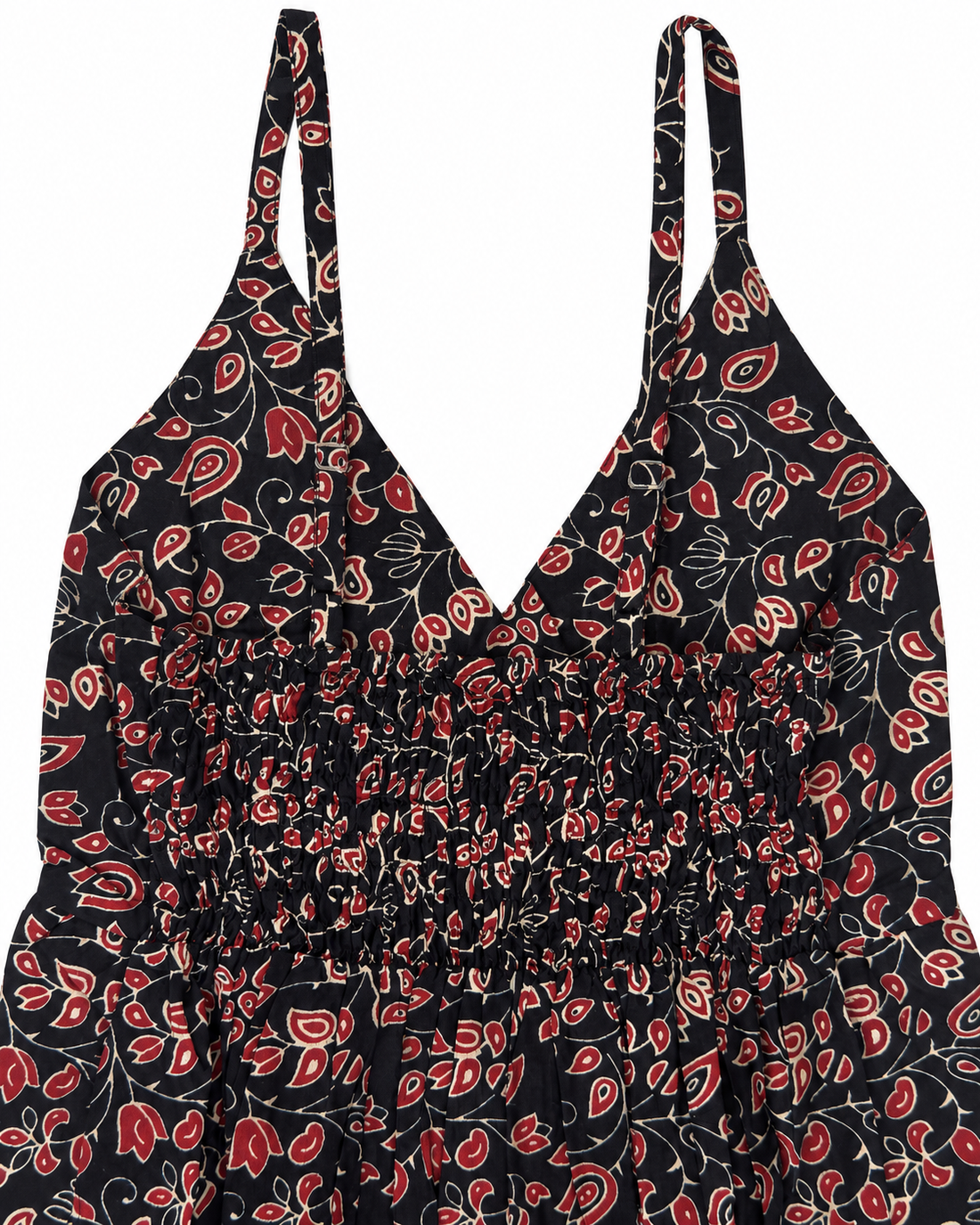 Black Floral Border Block Print Cotton Midi Dress