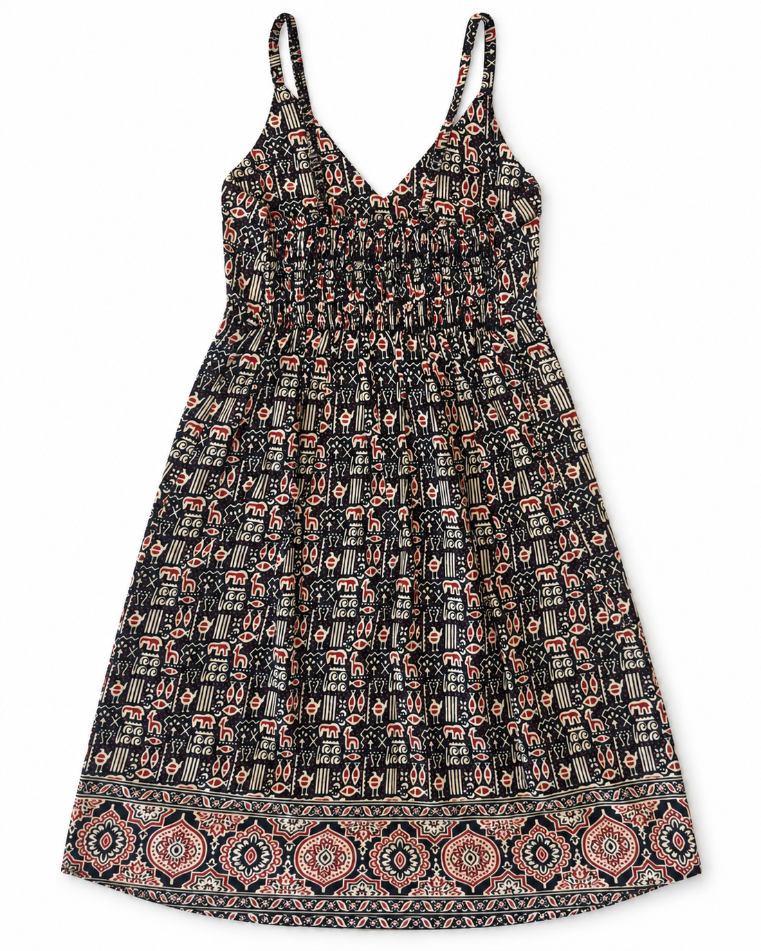 Black Folk-Motif Block Print Cotton Midi Dress