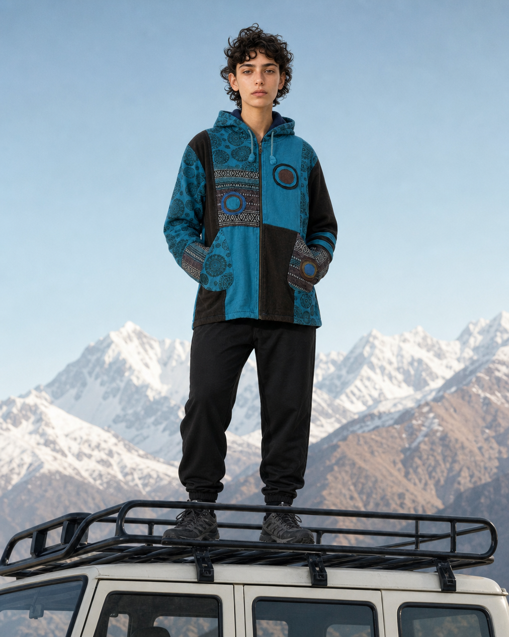Turquoise Woolen Patchwork Hooded Jacket
