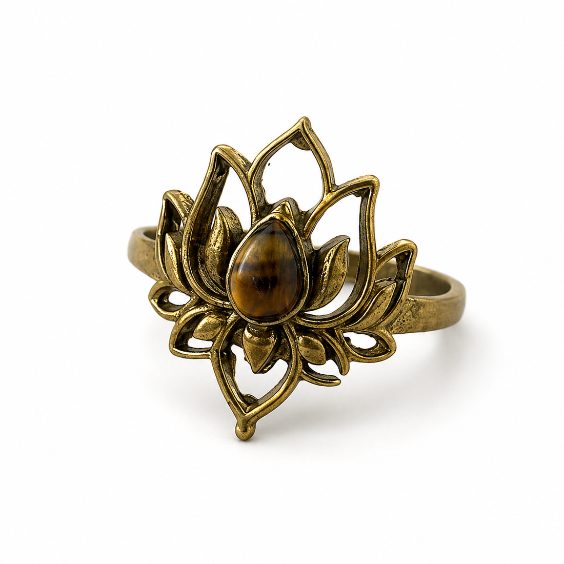 Brass Lotus Ring with Tiger’s Eye Stone