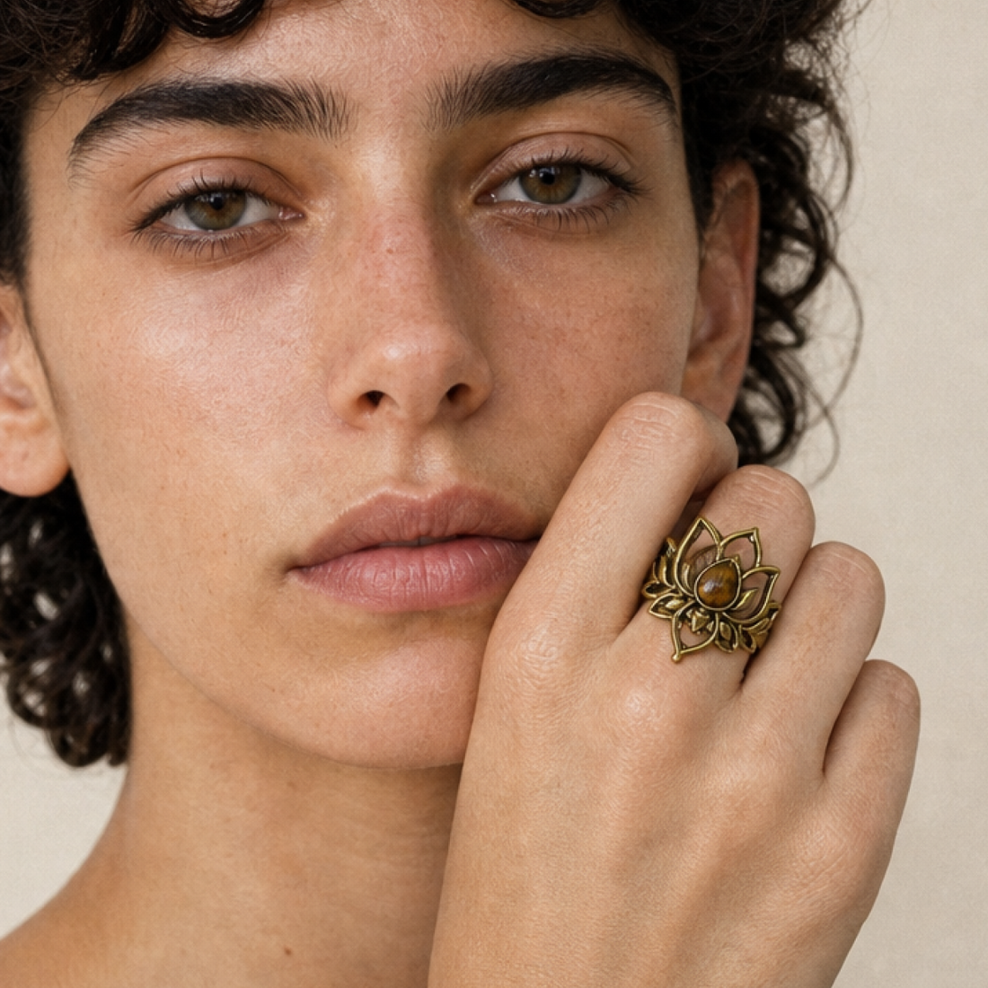 Brass Lotus Ring with Tiger’s Eye Stone