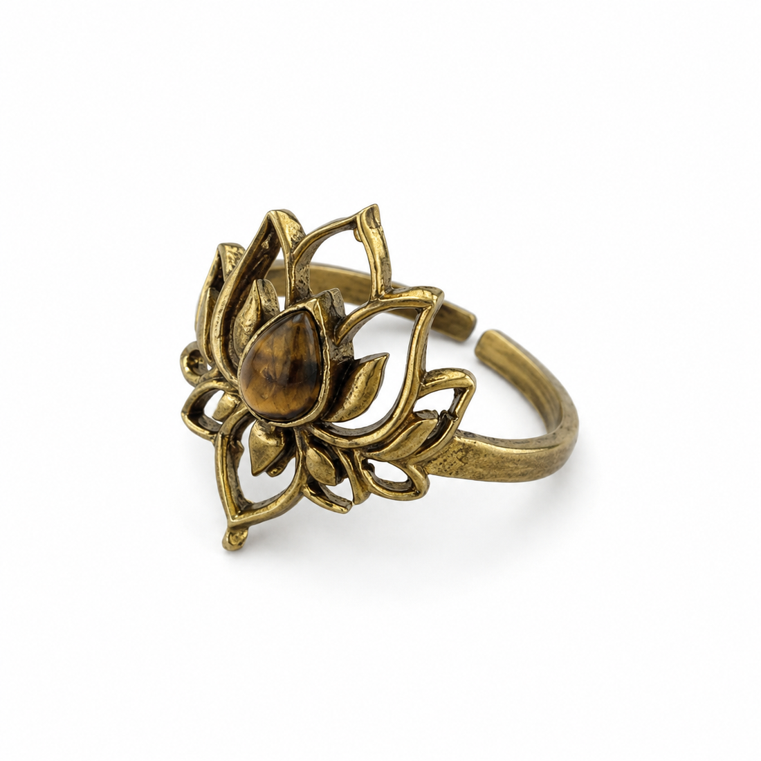 Brass Lotus Ring with Tiger’s Eye Stone
