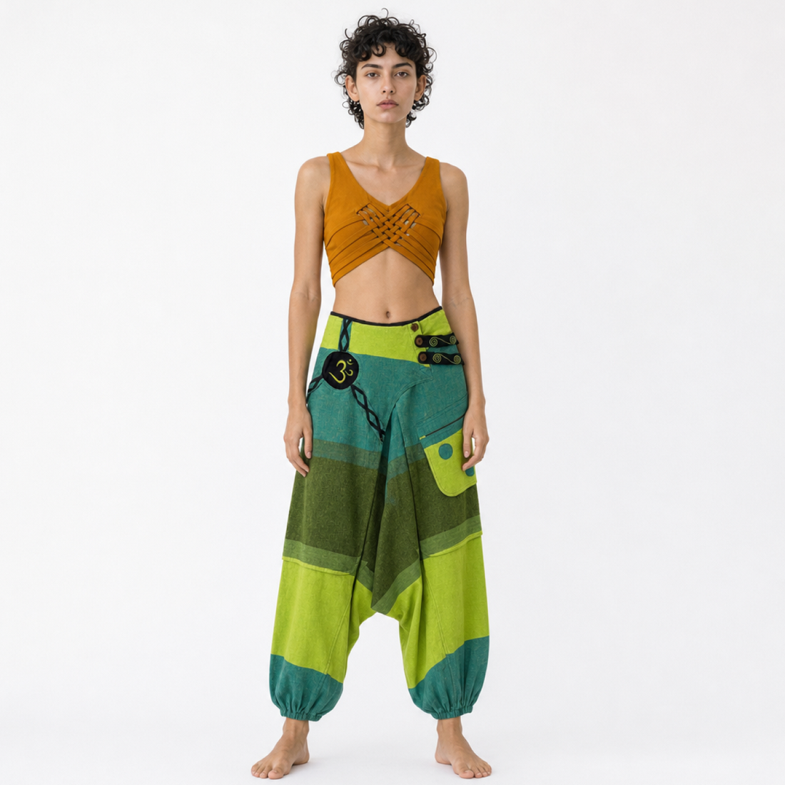 Green Om Patchwork Harem Pants