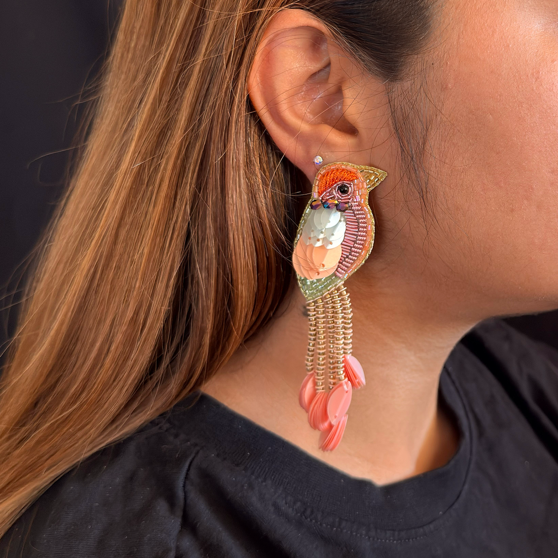Beaded Orange Bird Statement Earrings