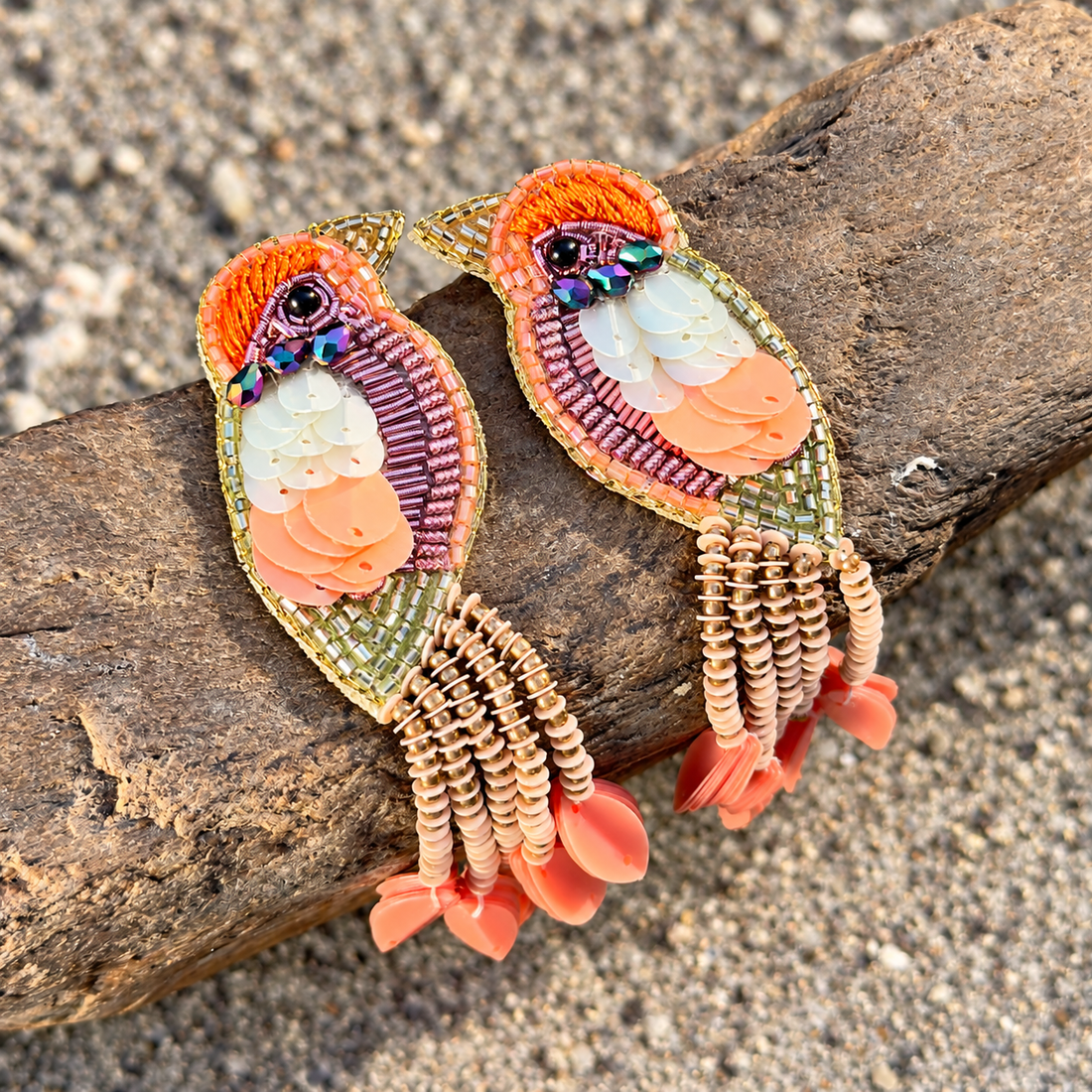 Beaded Orange Bird Statement Earrings