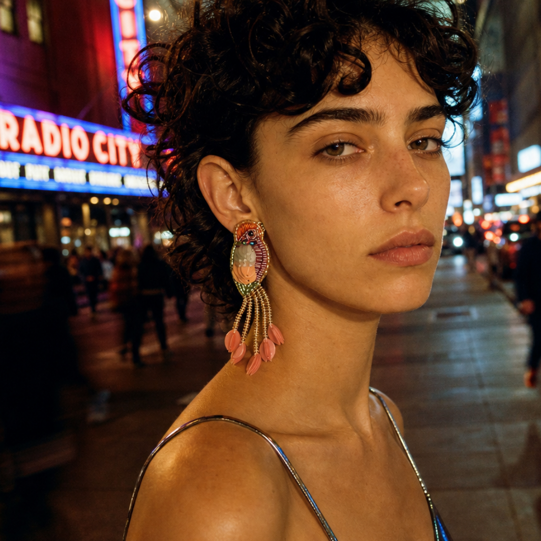 Beaded Orange Bird Statement Earrings