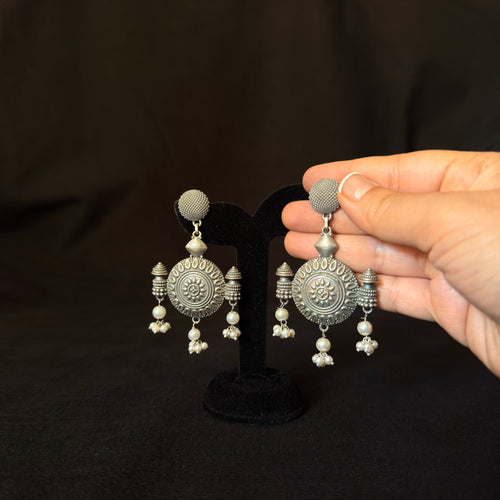 Oxidized brass medallion earrings with pearl fringe
