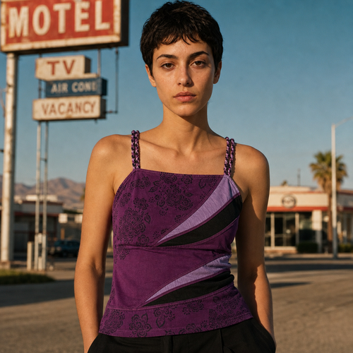 Purple Braided-Strap Patchwork Cotton Cami Top