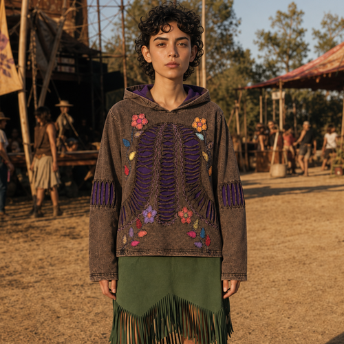 Brown Cutwork Hooded Top with Purple Panels