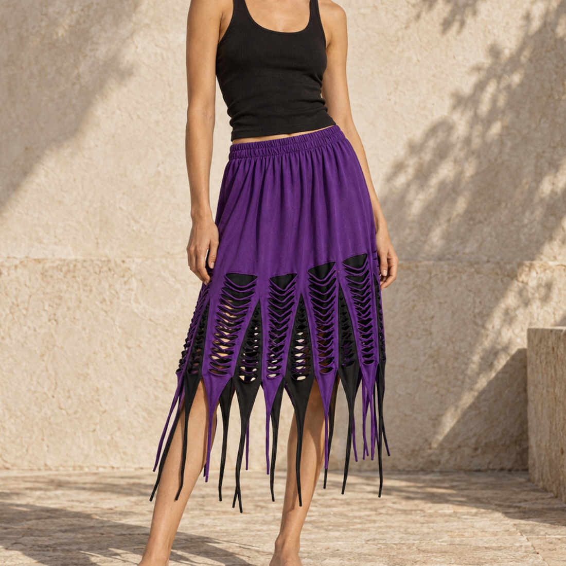 Purple & Black Shredded Cutout Statement Skirt
