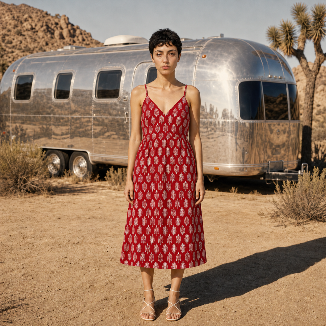 Red Leaf Block Print Cotton Midi Dress