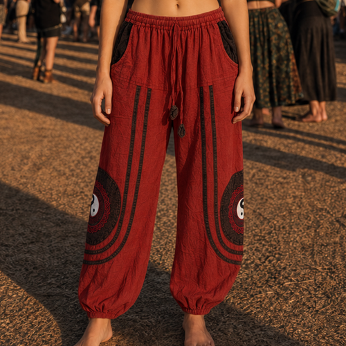 Red Cotton Peace Jogger Pants