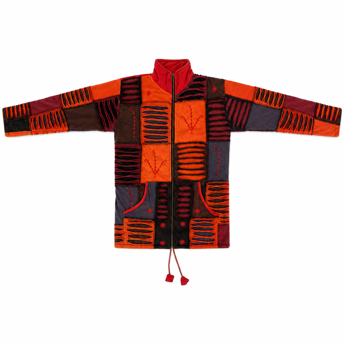 Red & Orange Distressed Patchwork Zip Jacket