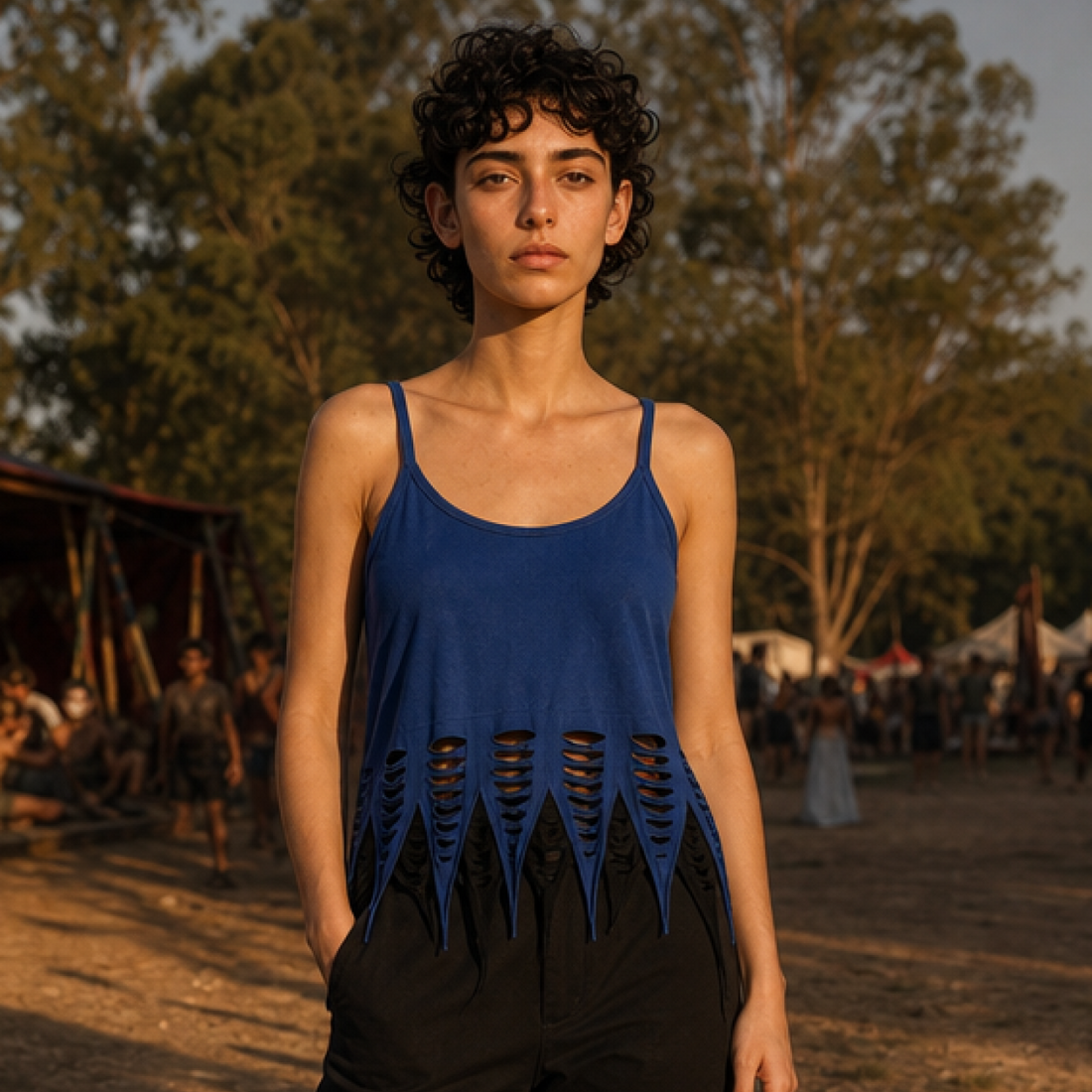 Blue & Black Cutwork Tank Top