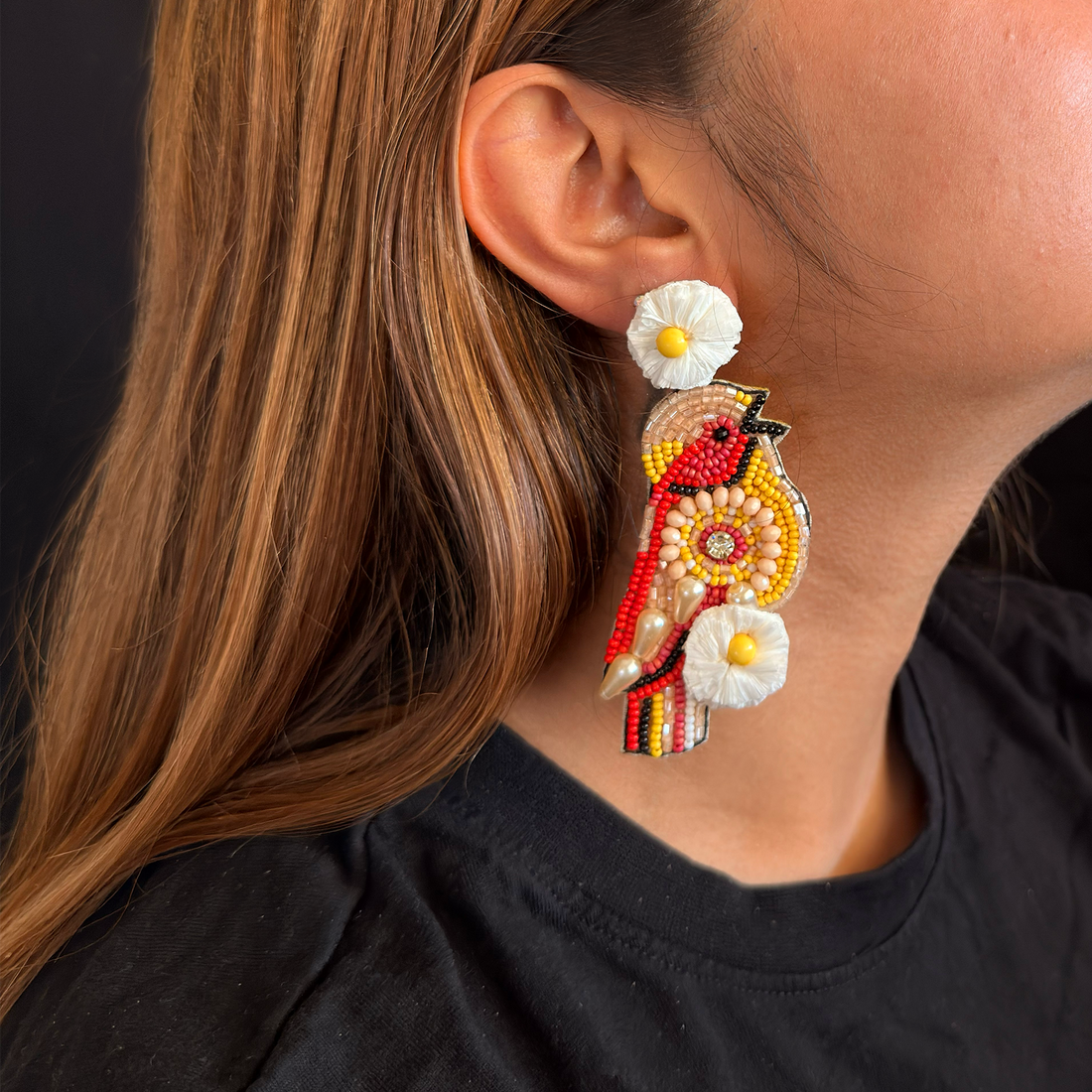 Scarlet Bloom — Handmade Beaded Bird Earrings
