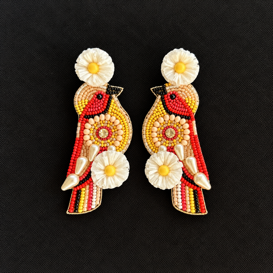 Scarlet Bloom — Handmade Beaded Bird Earrings