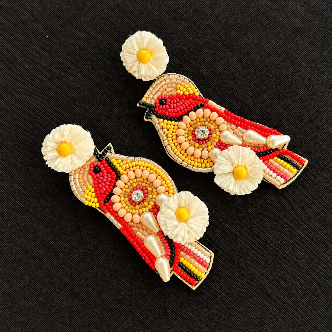 Scarlet Bloom — Handmade Beaded Bird Earrings