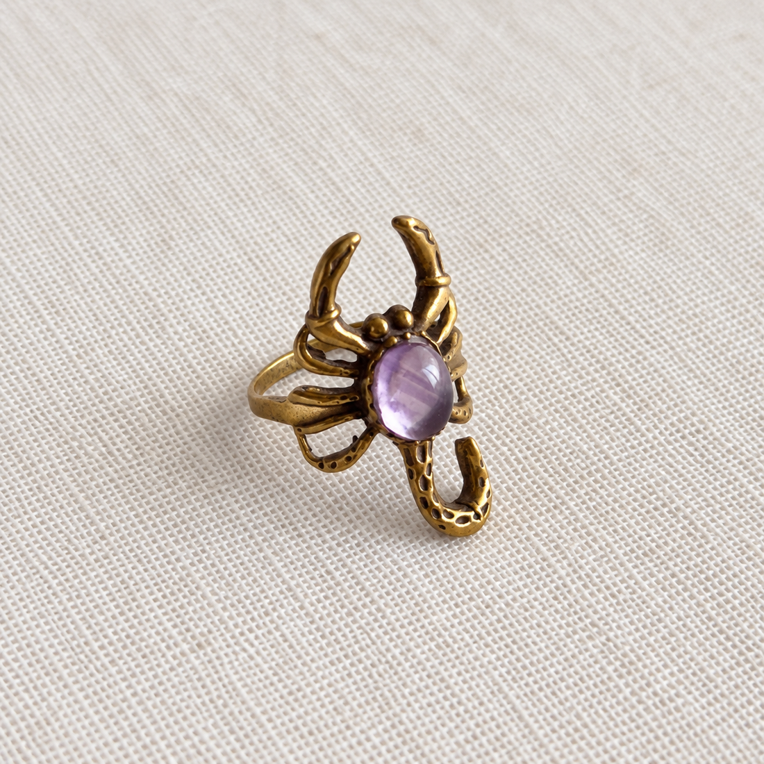 Brass Scorpion Statement Ring with Amethyst Stone