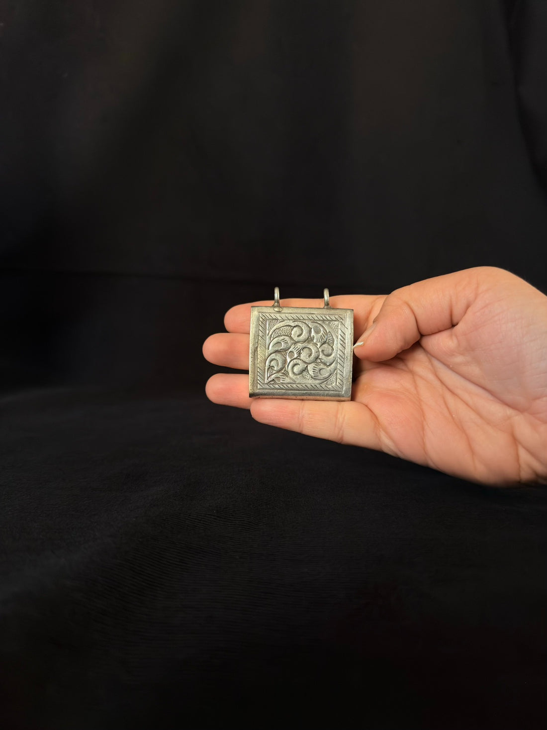Engraved square botanical pendant