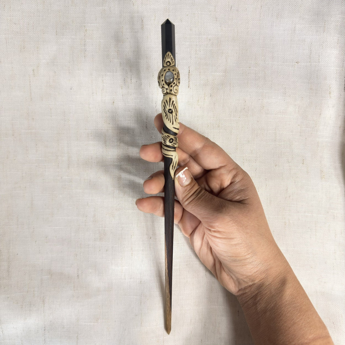 Crystal pencil wooden hair stick full view
