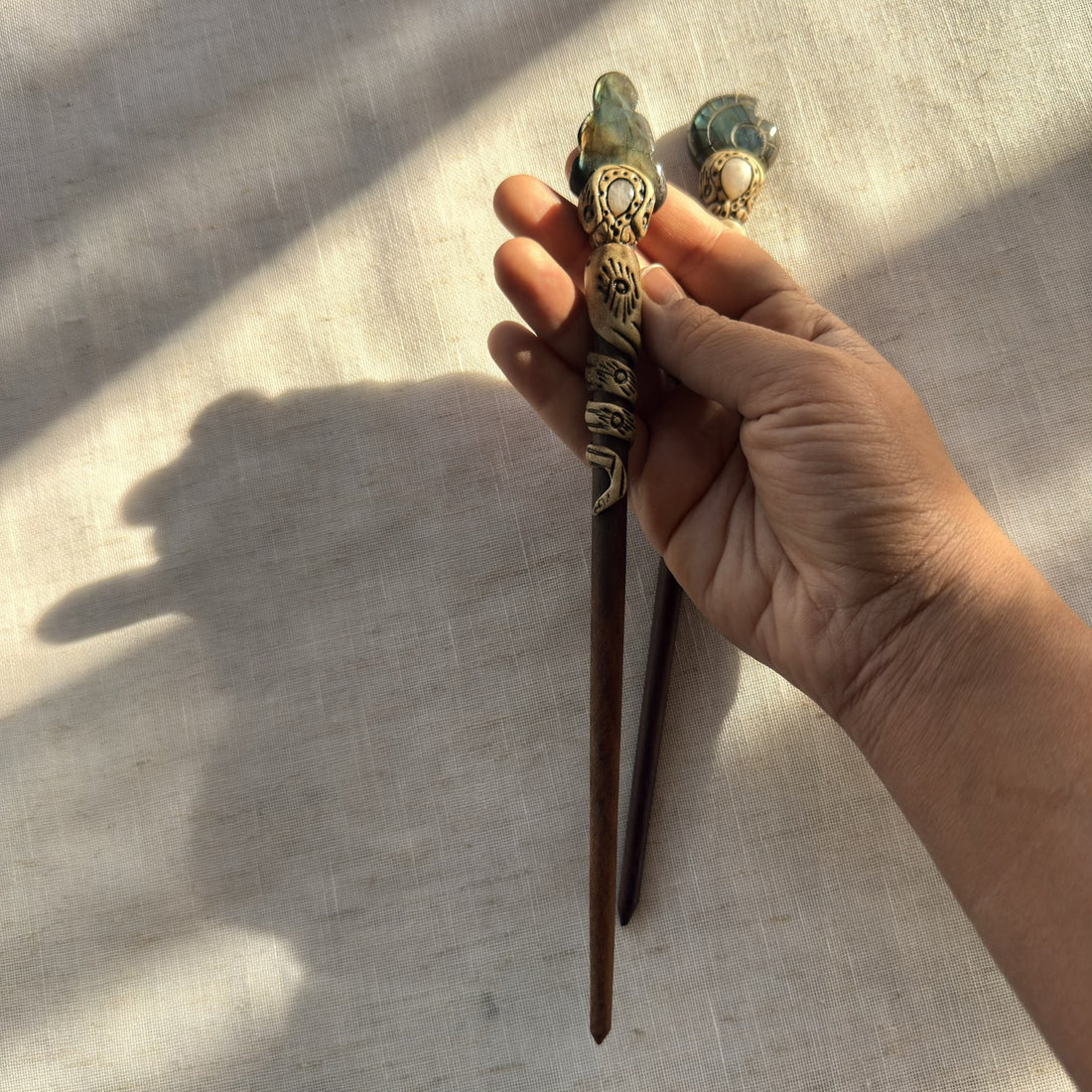 Labradorite boulder hair sticks detail