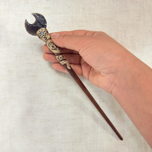 Black obsidian moon wooden hair stick