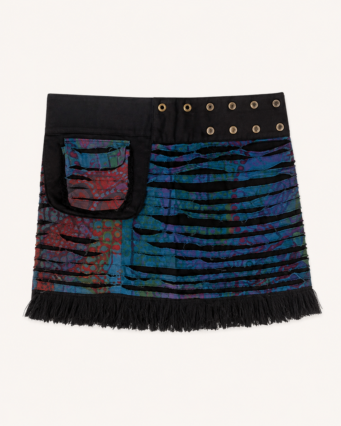 Multicolor Shredded Wrap Skirt with Fringe