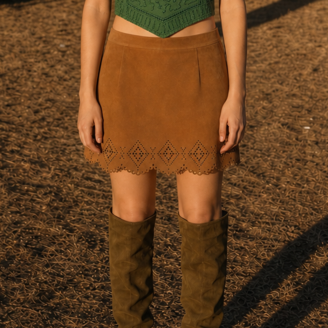 Tan Cutout Scallop-Hem Skirt