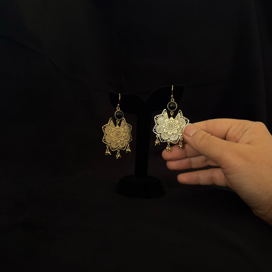 Mandala earrings with black stone tops