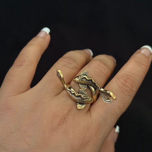 Koi fish wrap ring in antique gold tone