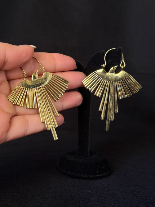 Rising bird fan brass earrings