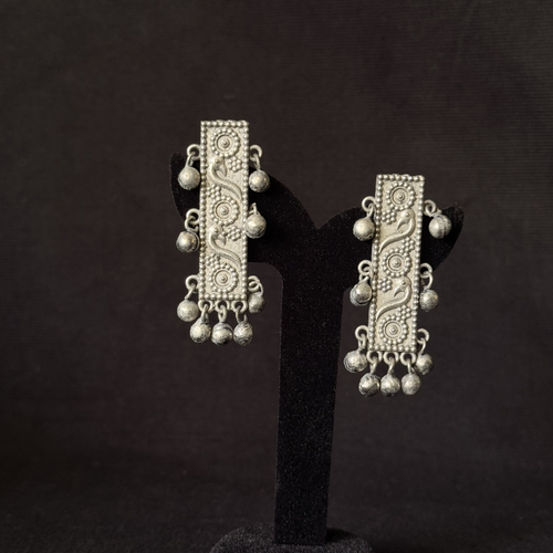Oxidized brass long floral strip earrings with bell drops
