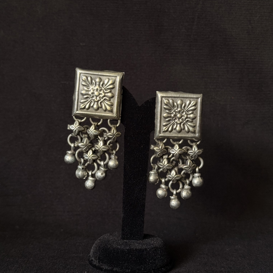 Oxidized brass square floral cascade earrings