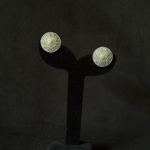 Oxidized brass engraved scrollwork round medallion stud earrings