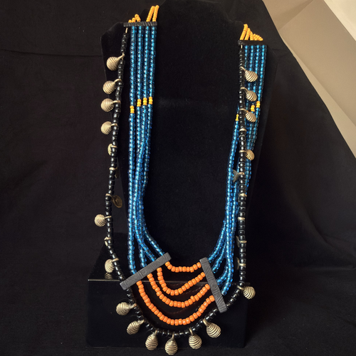 Nagaland blue and orange multistrand beaded statement necklace