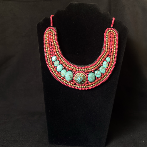 Vintage Afghan red turquoise colored bead choker necklace
